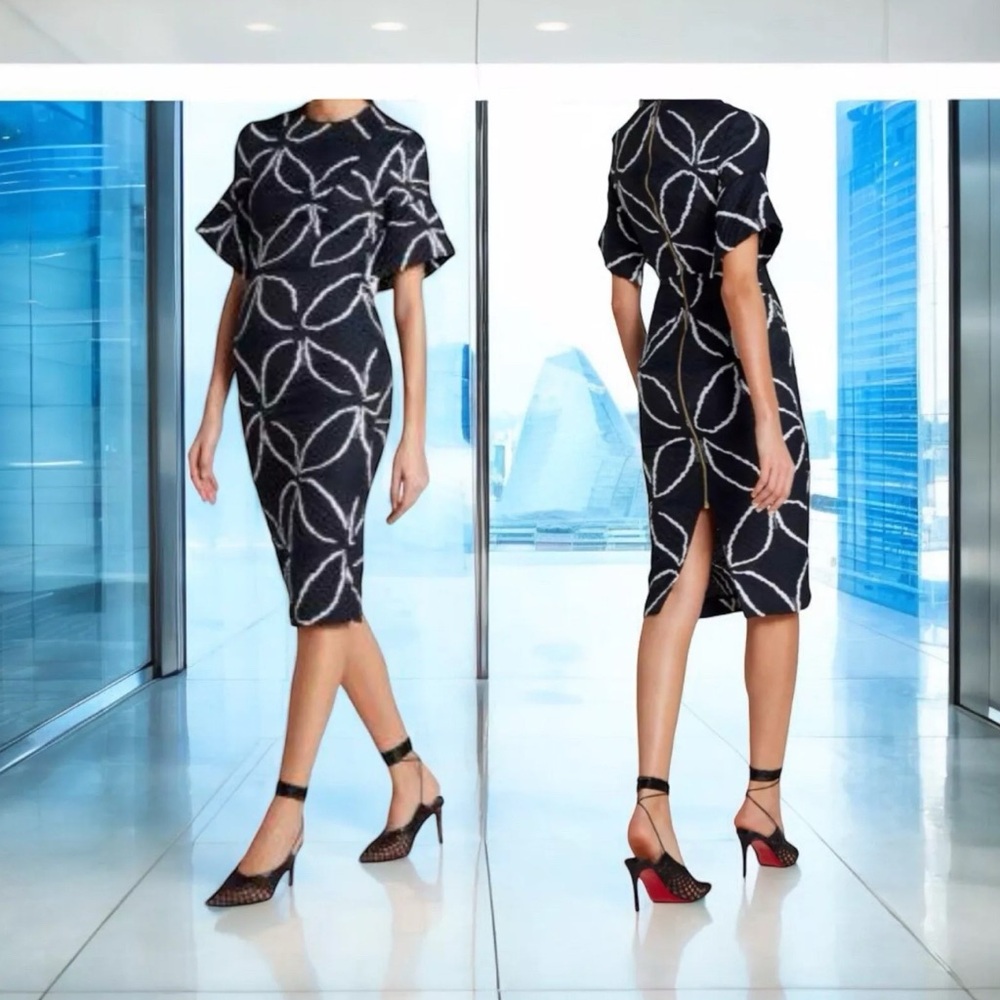 ROLAND MOURET “BANCROFT” BLACK GEOMETRIC PRINT EMBROIDERED MIDI PENCIL DRESS 8